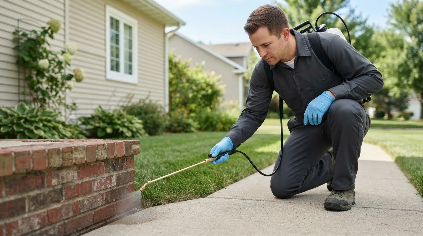 Pest control technician treating a home near Keizer, OR